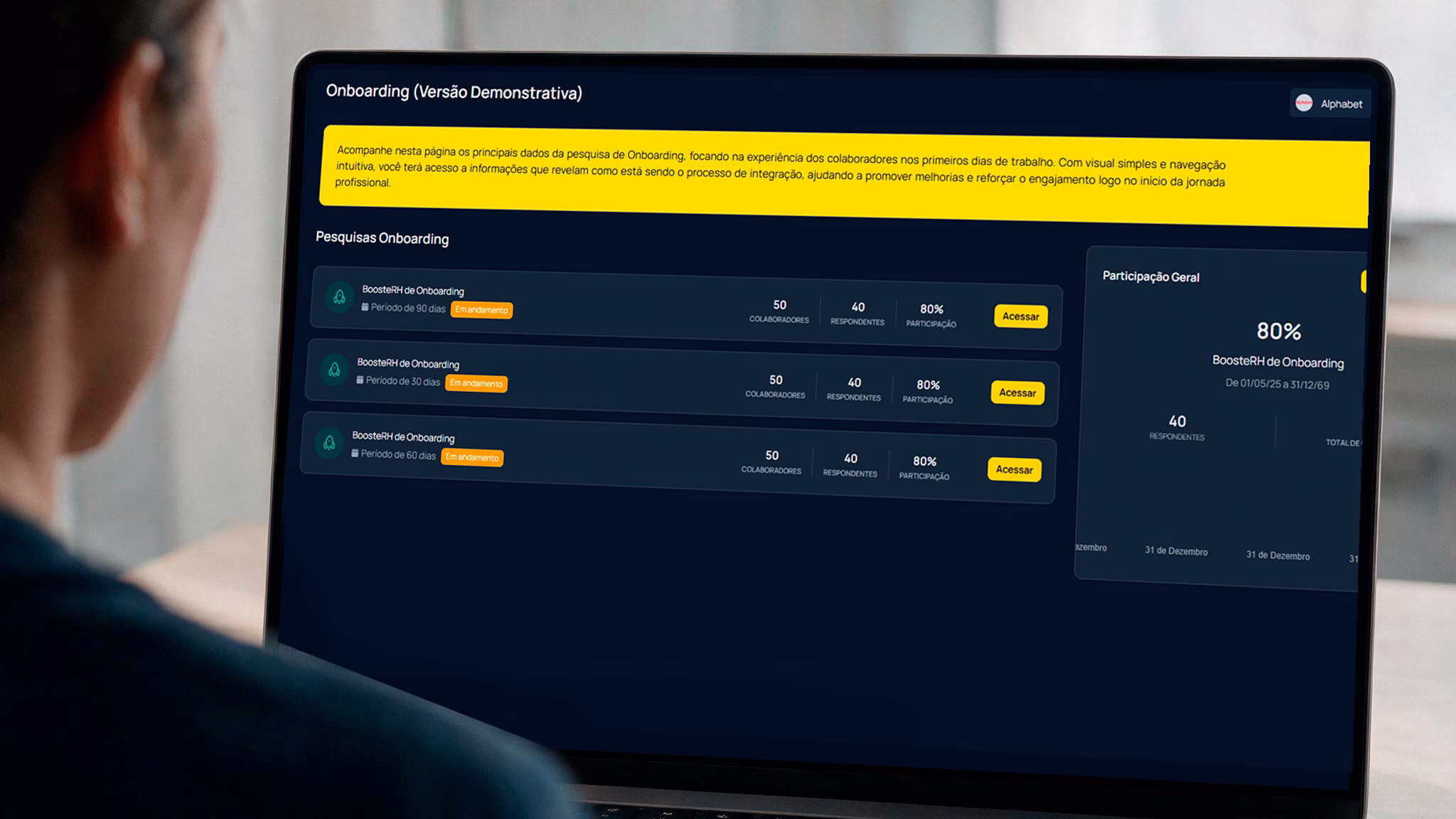 Dashboard de pesquisa de clima organizacional com filtros e análise de diferentes grupos de colaboradores 